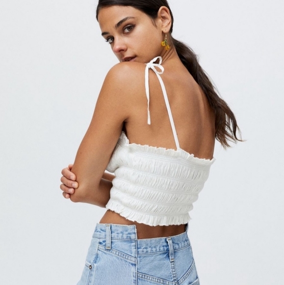 Urban Outfitters Tulla Smocked Crop Top White Tie Shoulder Medium - Picture 8 of 10